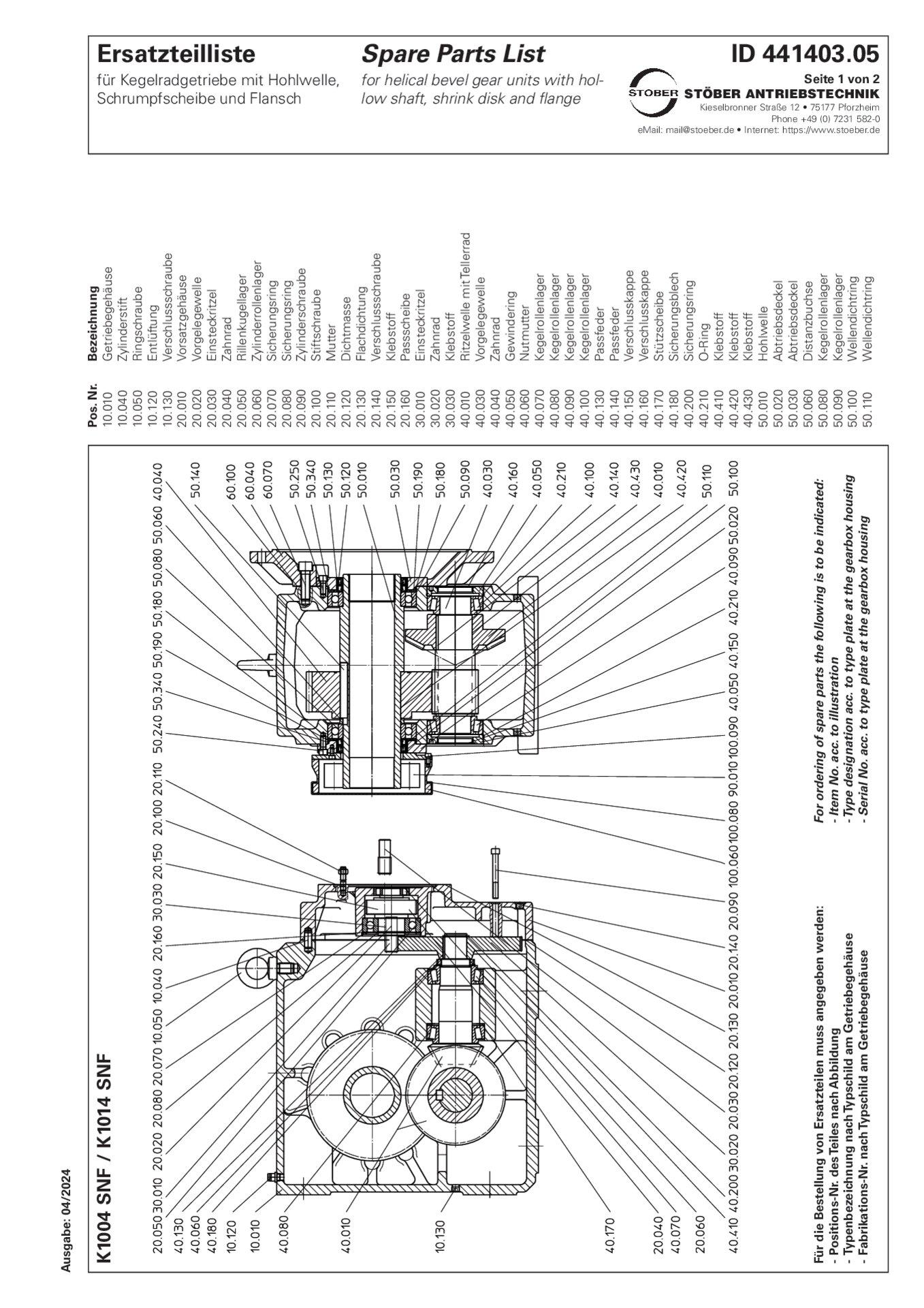 Replacement parts list helical bevel gear units K1004 K1014 SNF