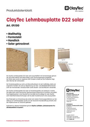 ClayTec Lehmbauplatte D22 solar Produktblatt