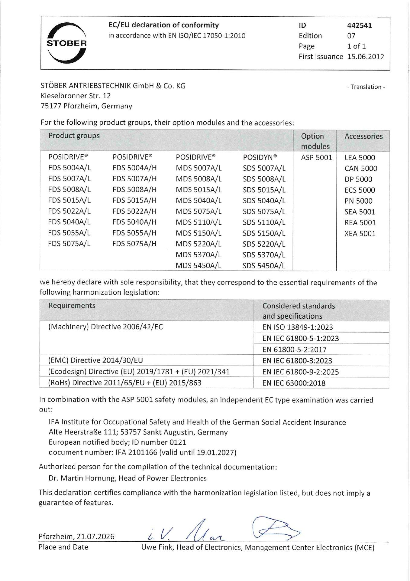 EU declaration of conformity POSIDRIVE FDS 5000A POSIDRIVE MDS 5000A POSIDYN SDS 5000A