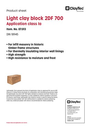 Lehmstein leicht 2DF 700/Light clay block 2DF 700 (product sheet)