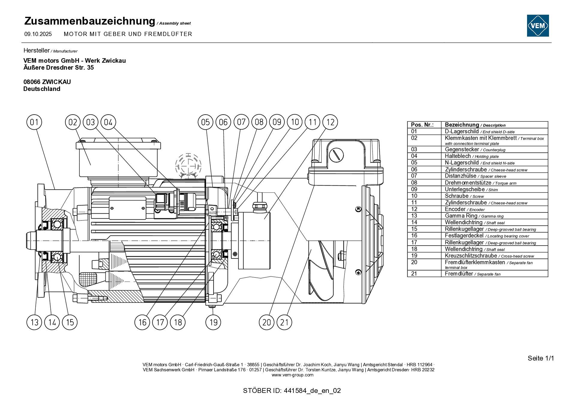 Spare parts list Asynchronous motor with absolute encoder forced-air cooling
