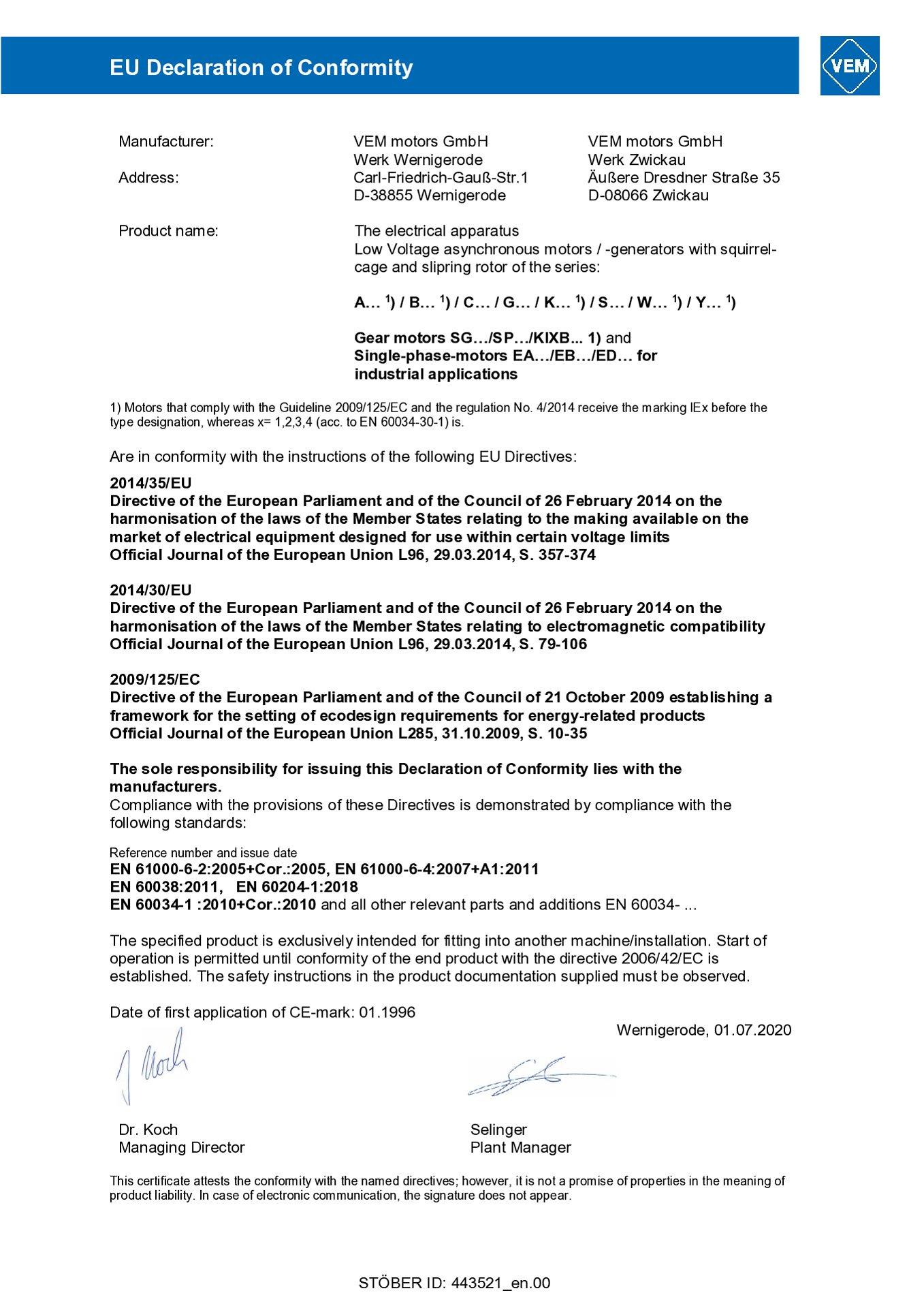 EU declaration of conformity asynchronous motors and asynchronous geared motors