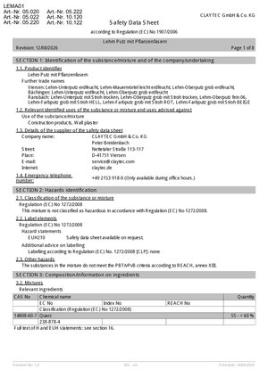 ClayTec Lehmputz mit und ohne Pflanzenfasern Sicherheitsdatenblatt/Safety Data Sheet