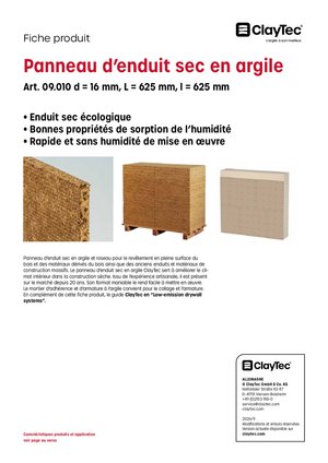 ClayTec Lehm-Trockenputzplatte/Panneau d’enduit d’argile (fiche produit)