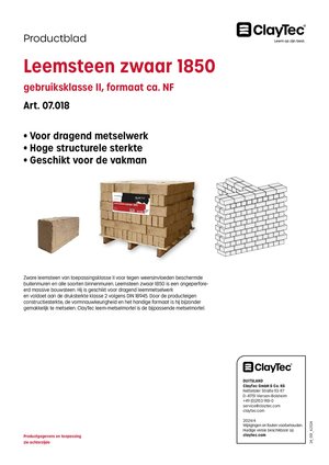 ClayTec Lehmstein schwer NF 1850/Leemsteen zwaar 1850 (productblad)