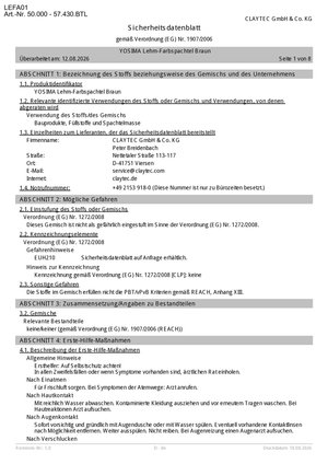 ClayTec YOSIMA Lehm-Farbspachtel Sicherheitsdatenblatt - DE