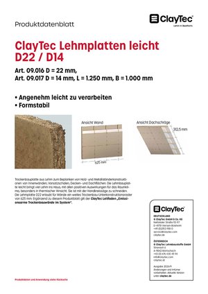 ClayTec Lehmbauplatte leicht D22/D14 Produktblatt