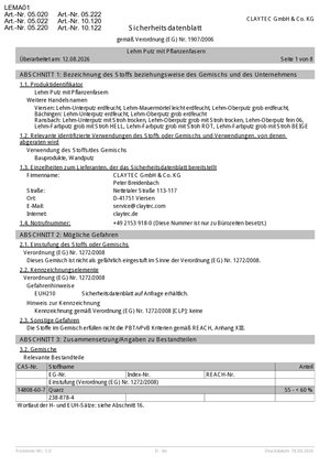 ClayTec Lehm Putz mit und ohne Pflanzenfasern Sicherheitsdatenblatt - DE