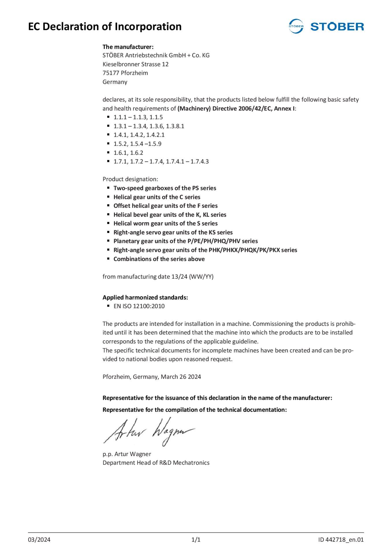 Declaration of Incorporation gear units