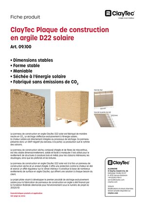 ClayTec Lehmbauplatte D22 solar/Plaque de construction en argile D22 solaire (fiche produit)