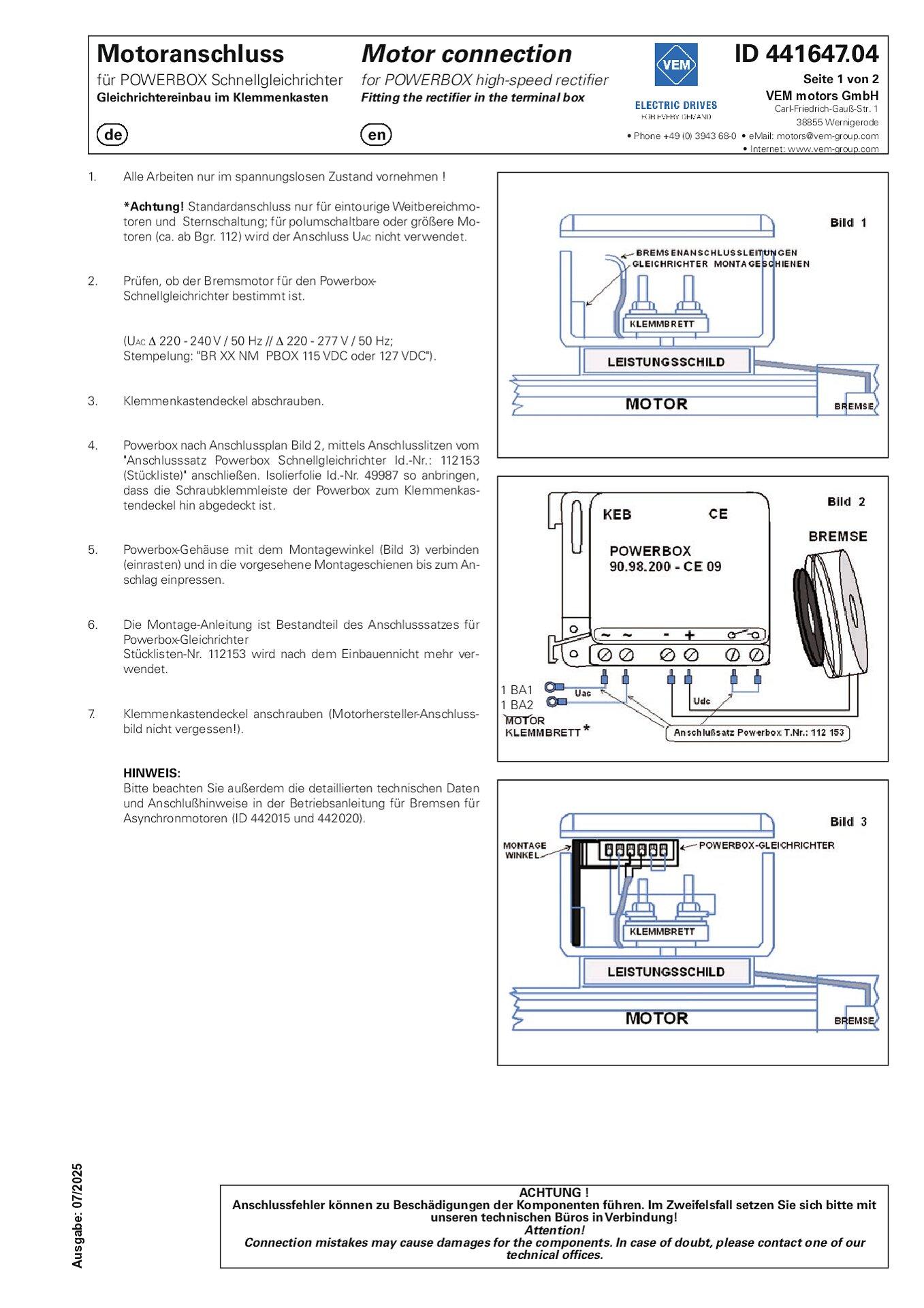 Connection plan POWERBOX high-speed rectifier fitting in the terminal box