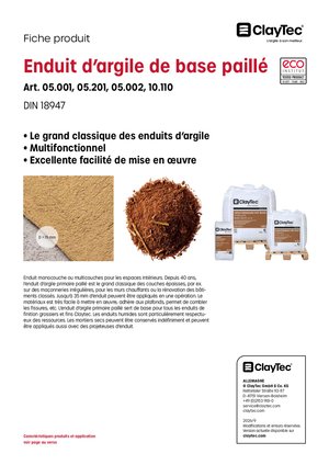 ClayTec Lehm-Unterputz mit Stroh/Enduit d'argile de base paillé (fiche produit)