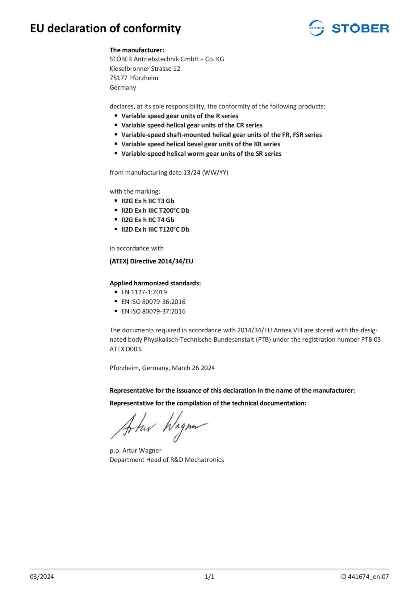 EU Konformitätserklärung Verstellgetriebe ATEX II2G/II2D