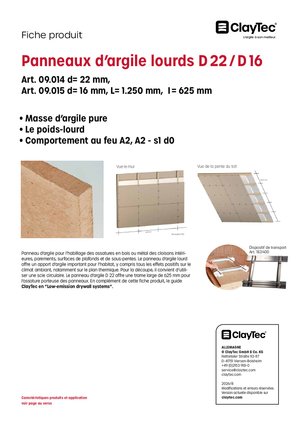 ClayTec Lehmbauplatte schwer D22/D16/Panneaux d'argile lourds D22/D16 (fiche produit)