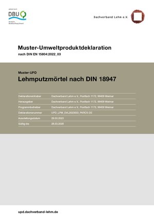 Muster-Umweltproduktdeklaration (UPD/EPD) Lehmputzmörtel