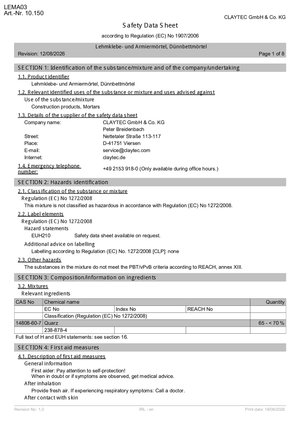 ClayTec Lehmklebe- und Armiermoertel, Dünnbettmoertel Sicherheitsdatenblatt - EN
