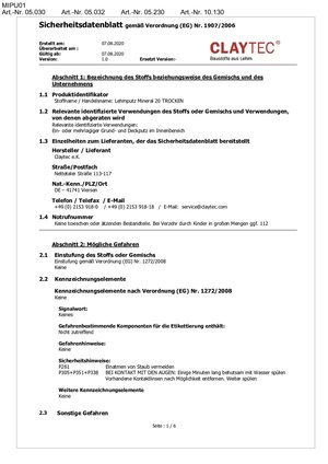 ClayTec Lehmputz Mineral 20 Sicherheitsdatenblatt - DE