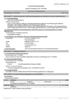 ClayTec Lehm Putz mit und ohne Pflanzenfasern Sicherheitsdatenblatt - DE
