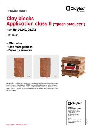 ClayTec Lehmsteine Anwendungsklasse II (Grünlinge)/Clay blocks Application class II ("green products") (product sheet)
