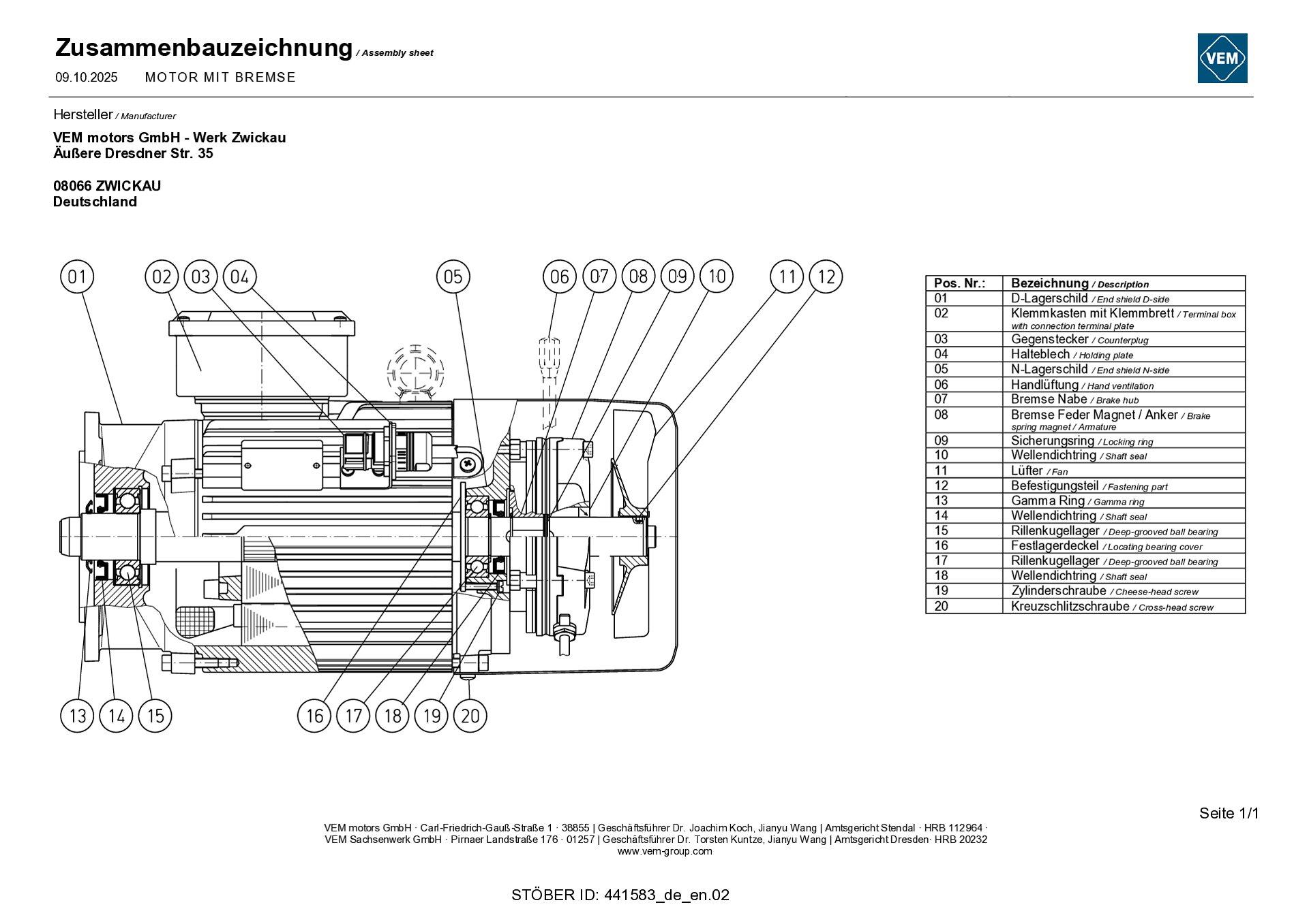 Spare parts list Asynchronous motor basic design with brake