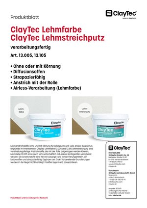 ClayTec Lehmfarbe und Lehmstreichputz Produktblatt