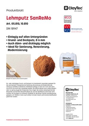 ClayTec Lehmputz SanReMo Produktblatt