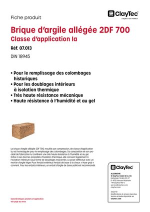 Lehmstein leicht 2DF 700/Brique d’argile allégée 2DF 700 (fiche produit)