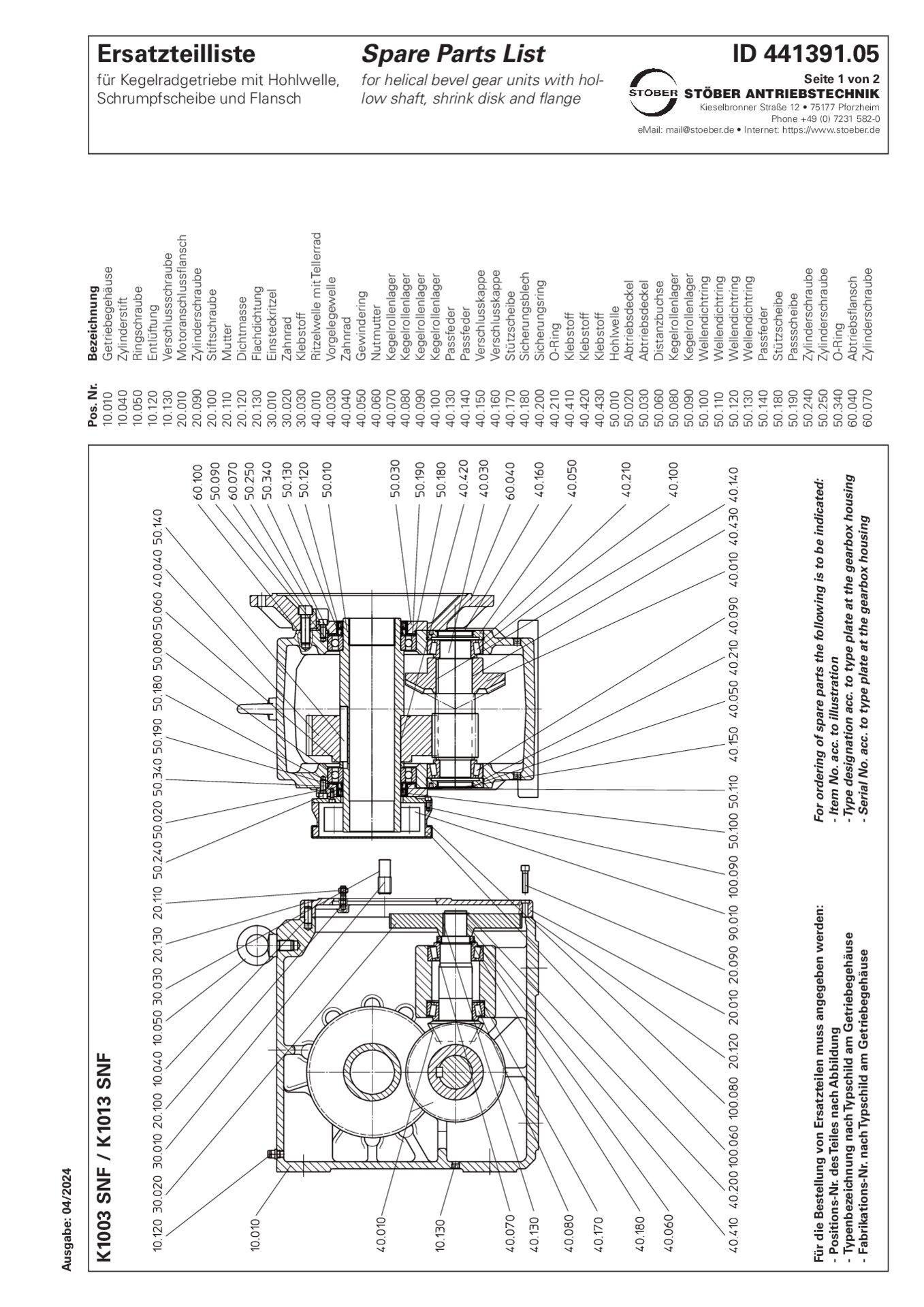 Replacement parts list helical bevel gear units K1003 K1013 SNF