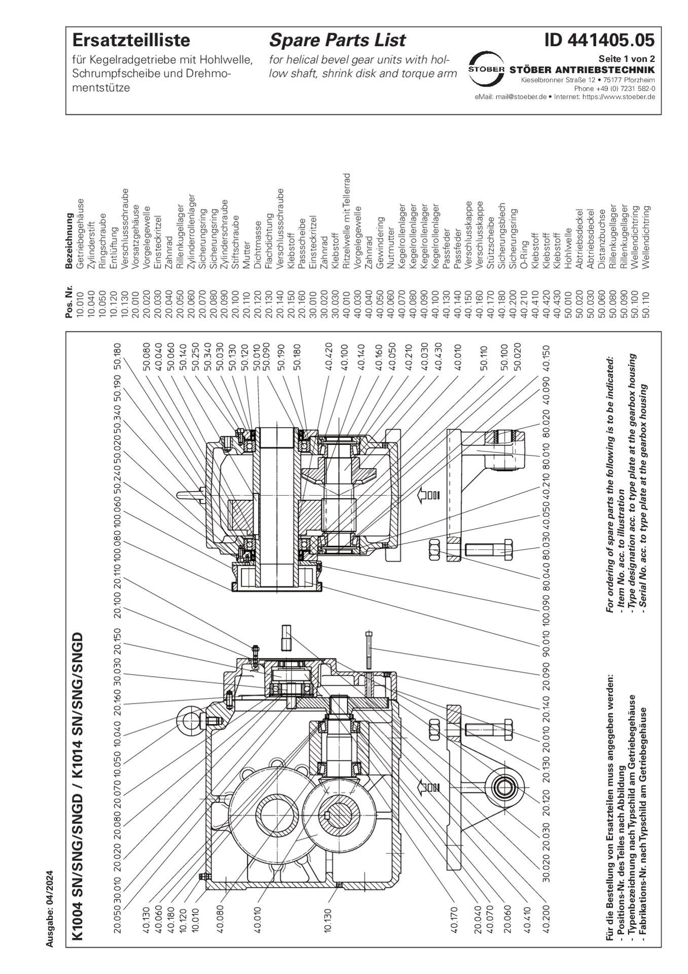Replacement parts list helical bevel gear units K1004 K1014 SN SNG SNGD