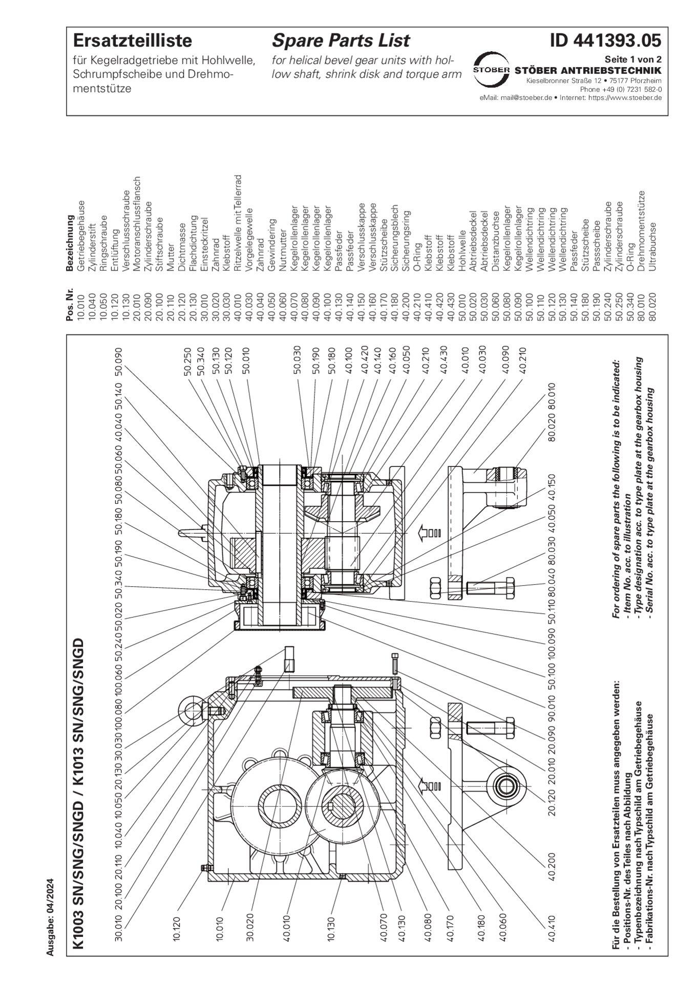Replacement parts list helical bevel gear units K1003 K1013 SN SNG SNGD