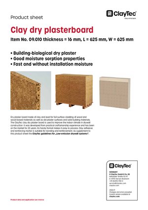 ClayTec Lehm-Trockenputzplatte/Clay dry plasterboard (product sheet)
