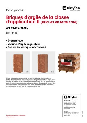 ClayTec Lehmsteine Anwendungsklasse II (Grünlinge)/Briques d'argile de la classes d'application II (Briques en terrre crue) (fiche produit)