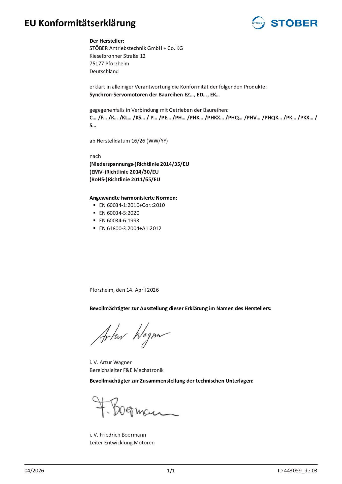 EU Konformitätserklärung Synchron-Servomotoren und Synchron-Servogetriebemotoren ED EK EZ