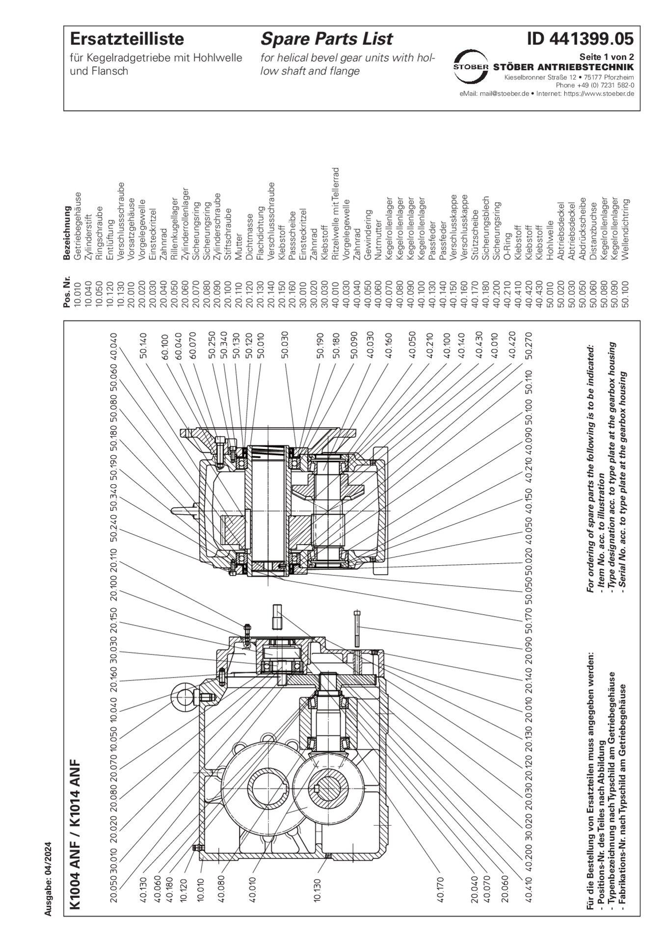 Replacement parts list helical bevel gear units K1004 K1014 ANF