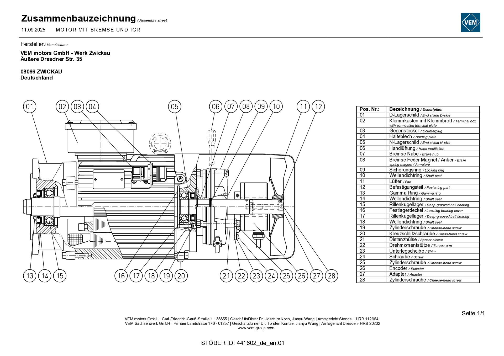 Spare parts list Asynchronous motor with brake incremental encoder self-cooling