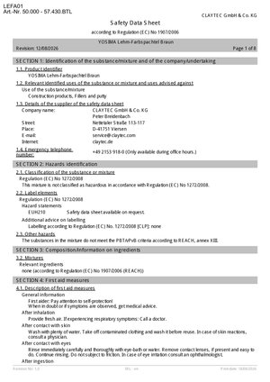 YOSIMA Lehm-Farbspachtel Sicherheitsdatenblatt/YOSIMA clay surfacer Safety Data Sheet