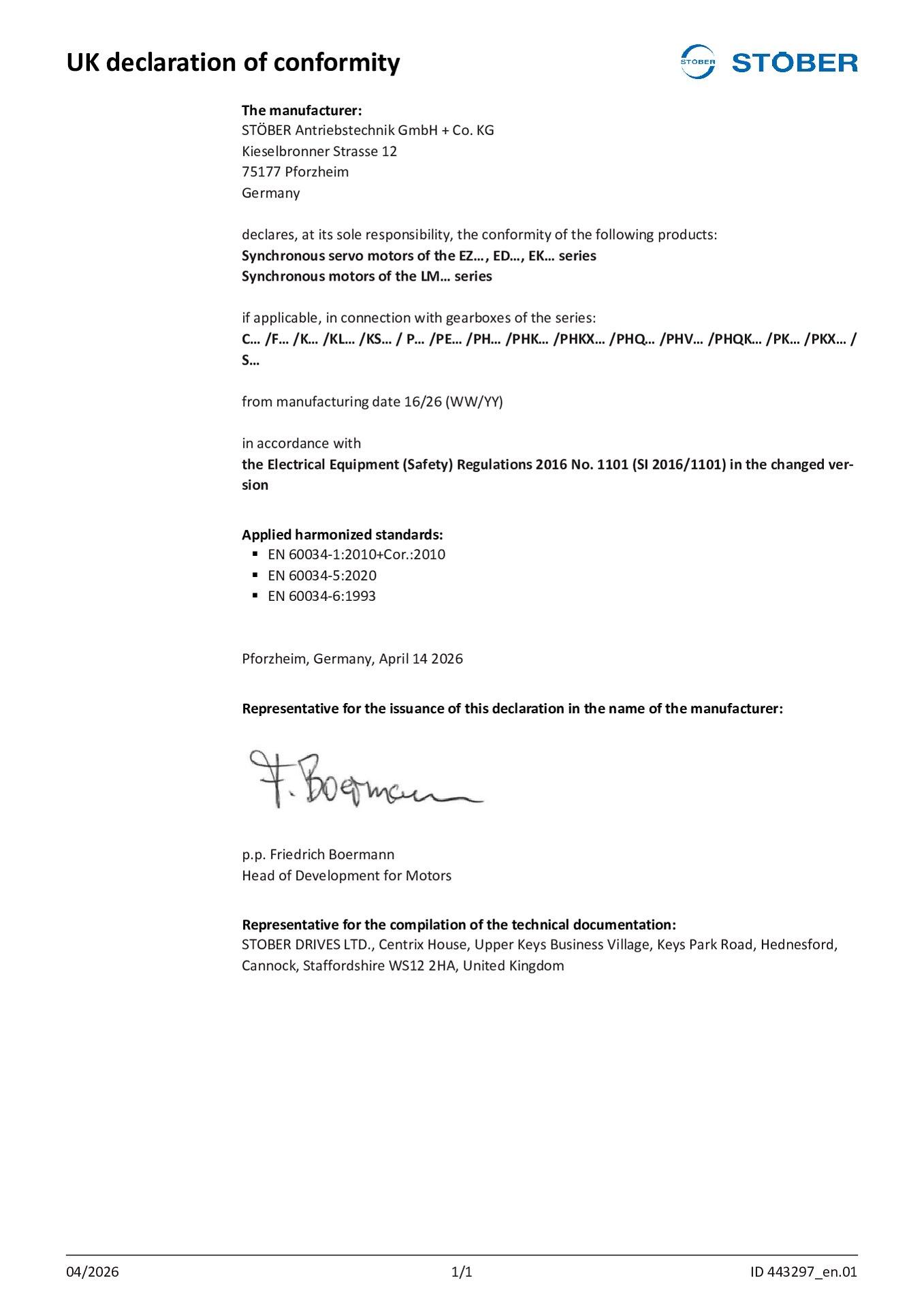 UK declaration of conformity synchronous servo motors and synchronous servo geared motors EZ ED EK LM 