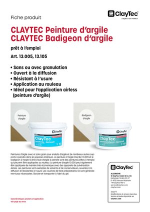 ClayTec Lehmfarbe und Lehmstreichputz/Peinture d'argile et Badigeon d'argile (fiche produit)