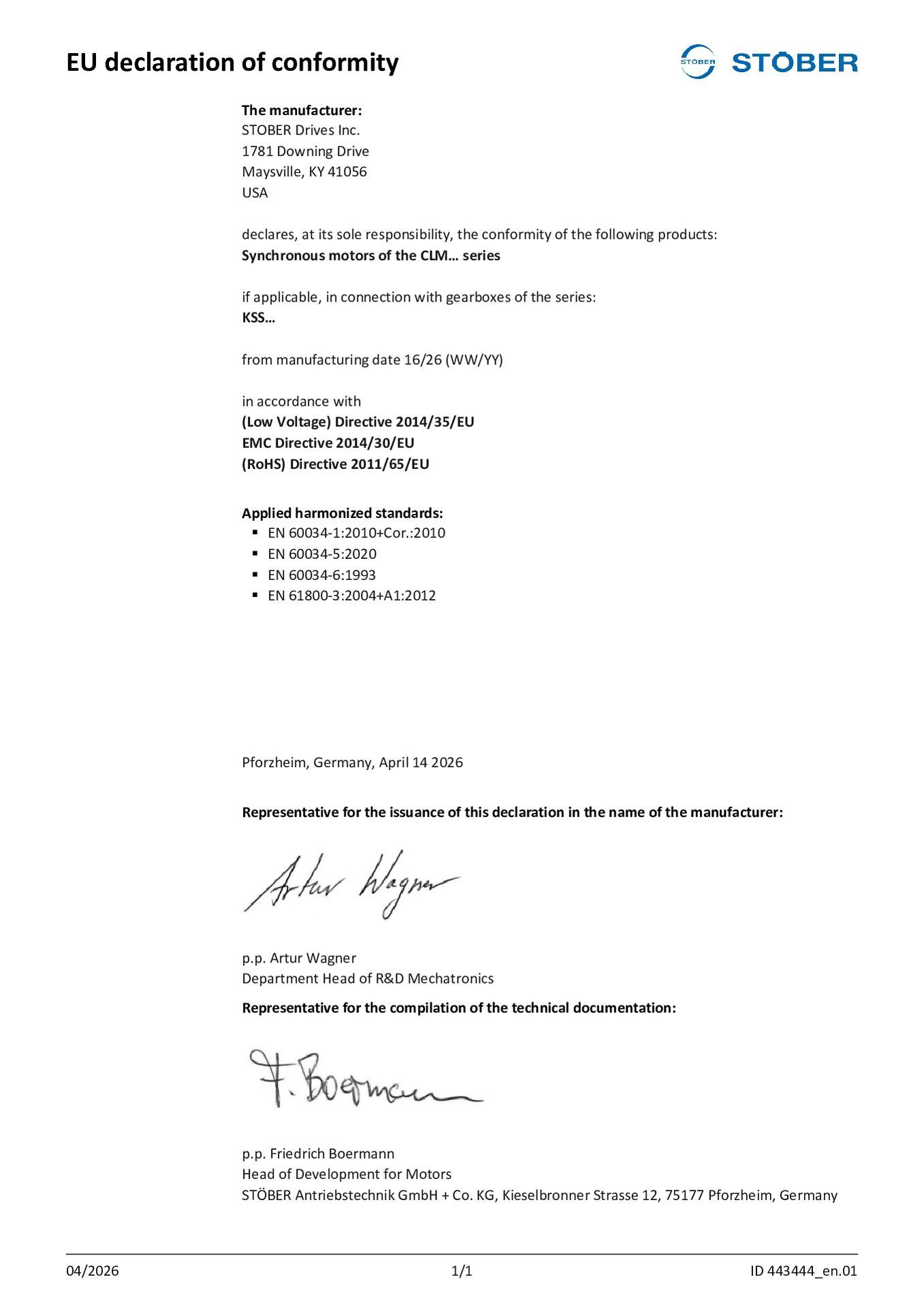 EU declaration of conformity cLEAN motors
