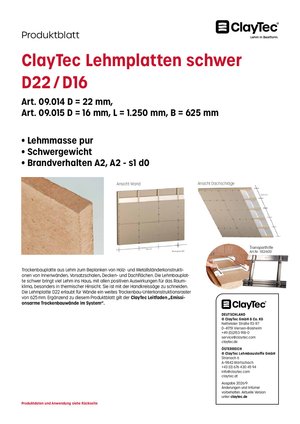 ClayTec Lehmbauplatte schwer D22/D16 Produktblatt