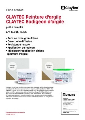 ClayTec Lehmfarbe und Lehmstreichputz/Peinture d'argile et Badigeon d'argile (fiche produit)