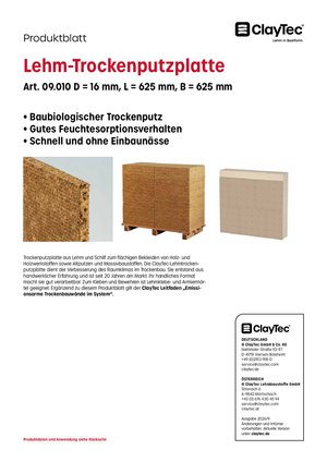 ClayTec Lehm-Trockenputzplatte Produktblatt