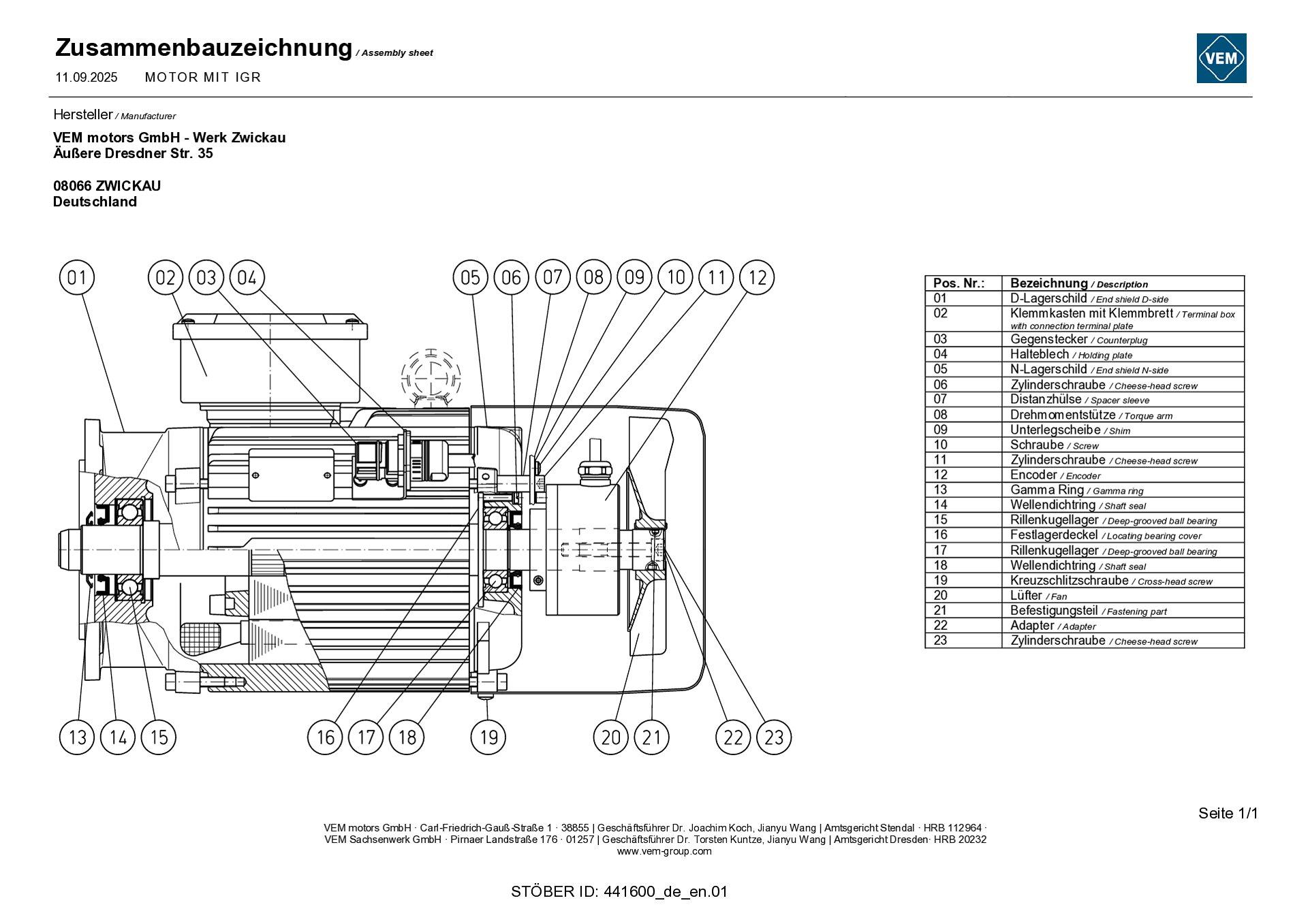 Spare parts list Asynchronous motor with incremental encoder self-cooling