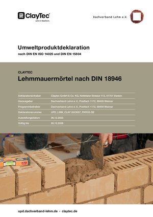 ClayTec Umweltproduktdeklaration (UPD/EPD) Lehmmauermörtel nach DIN 18946