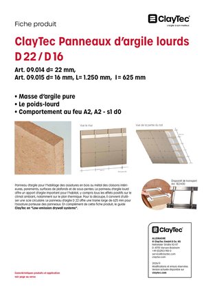 ClayTec Lehmbauplatte schwer D22/D16/Panneaux d'argile lourds D22/D16 (fiche produit)