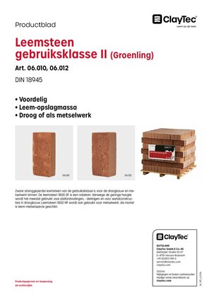 ClayTec Lehmsteine Anwendungsklasse II (Grünlinge)/Leemsteen gebruiksklasse II (Groenling) (productblad)