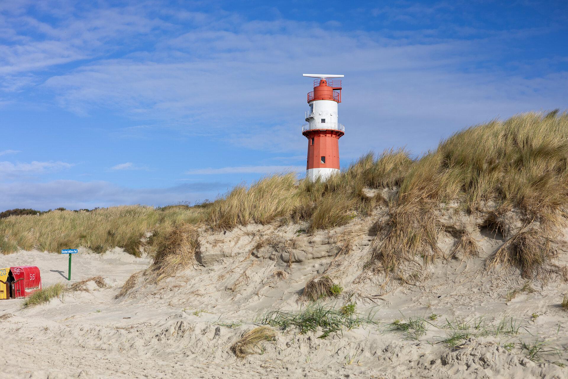 Elektrischer Leuchtturm hinter den Sanddünen auf Borkum
