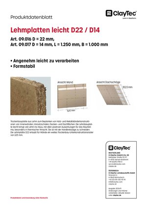 ClayTec Lehmbauplatte leicht D22/D14 Produktblatt