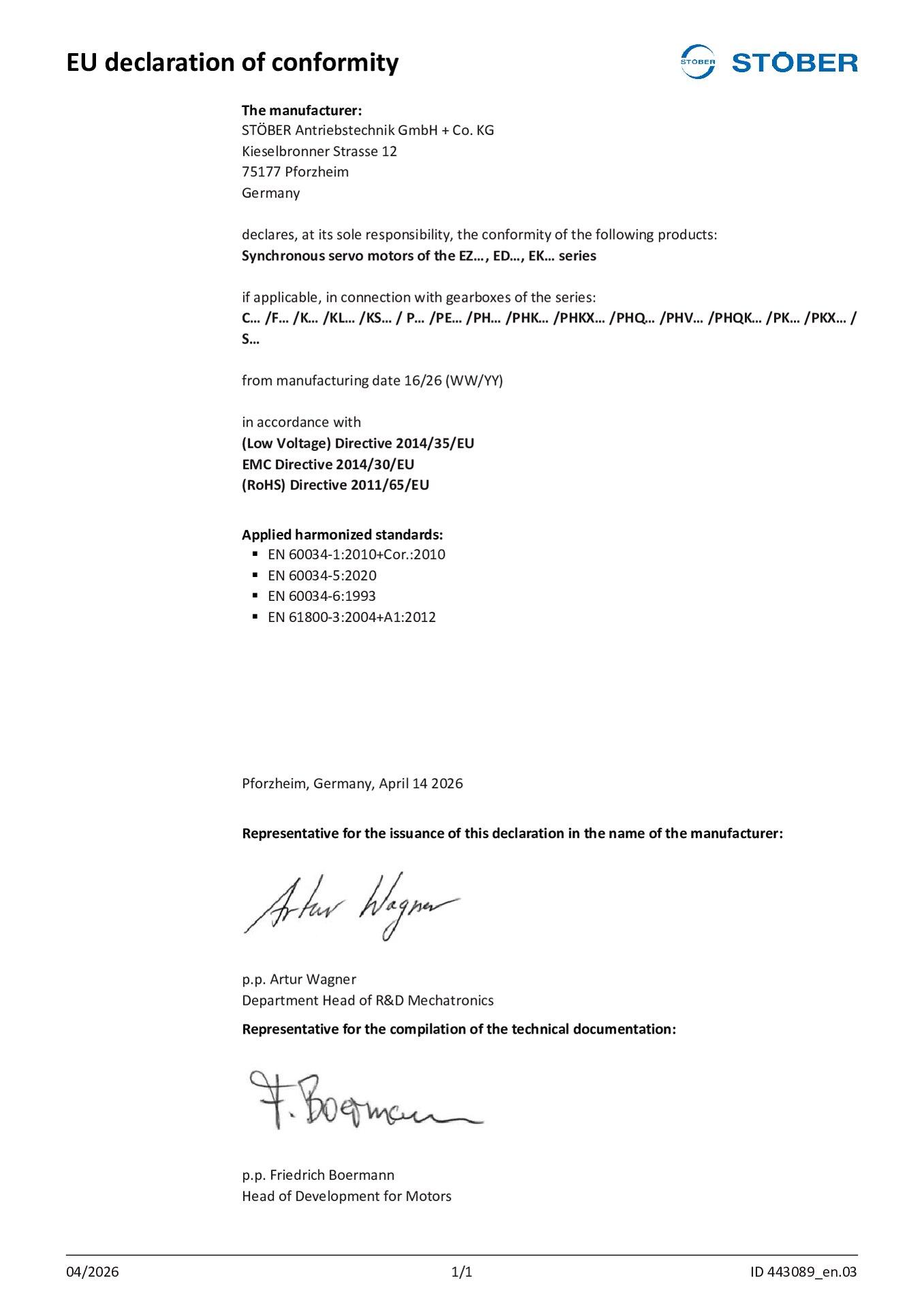 EU declaration of conformity synchronous servo motors and synchronous geared motors ED EK EZ