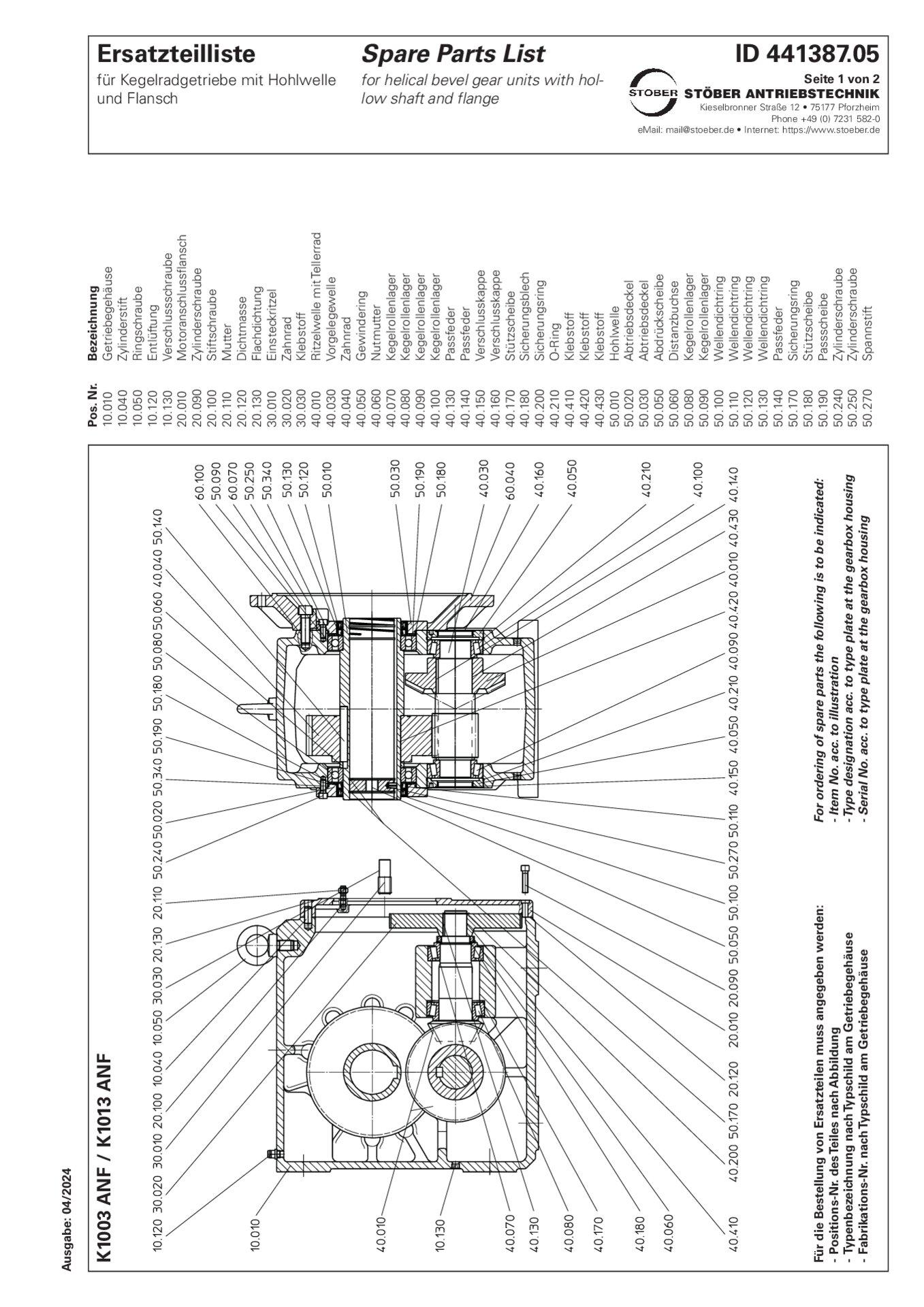 Replacement parts list helical bevel gear units K1003 K1013 ANF